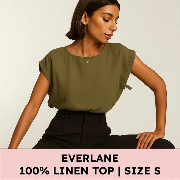 Everlane Linen Side Tie Top Olive Green Minimalist Capsule Wardrobe S - Picture 9 of 13